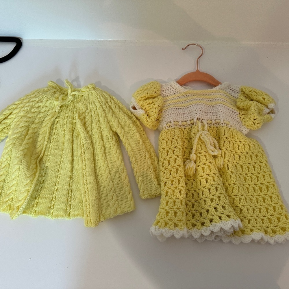 - Girls vintage hand crochet yellow dress and sweater set Easter